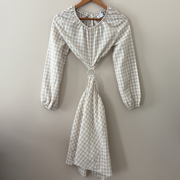 Petal & Pup Beige Cut Out Gingham Dress 100% Cotton Mini Puff Sleeves Size 4 - Picture 3 of 13